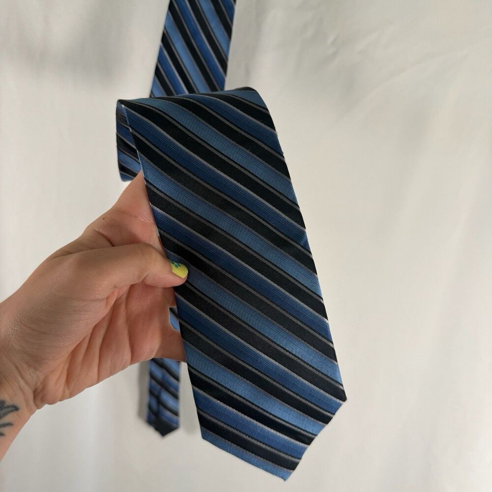 New Pronto Uomo XL Long 100% Silk Tie Blue Black Striped 63x3